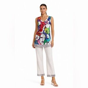 Sleeveless Abstract Faces Camisole with Sequin Hem in Multi